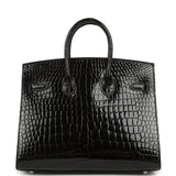 Pre-owned Hermes Birkin Sellier 25 Sellier Black Shiny Porosus Crocodile Palladium Hardware - Thumbnail View 4