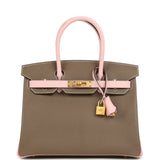 Hermes Special Order (HSS) Birkin 30 Etoupe and Rose Sakura Chevre Mysore Brushed Gold Hardware - Thumbnail View 1