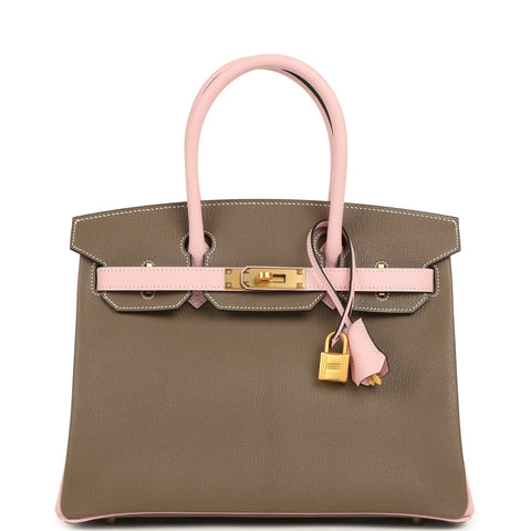 Hermes Special Order (HSS) Birkin 30 Hermes HSS Birkin 30 Etoupe and Rose Sakura Chevre Mysore Brushed Gold Hardware