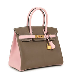 Hermes Special Order (HSS) Birkin 30 Hermes HSS Birkin 30 Etoupe and Rose Sakura Chevre Mysore Brushed Gold Hardware