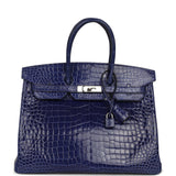 Pre-owned Hermes Birkin 35 Bleu Electric Shiny Porosus Crocodile Palladium Hardware - Thumbnail View 1