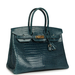 Pre-owned Hermes Birkin 35 Colvert Shiny Porosus Crocodile Gold Hardware