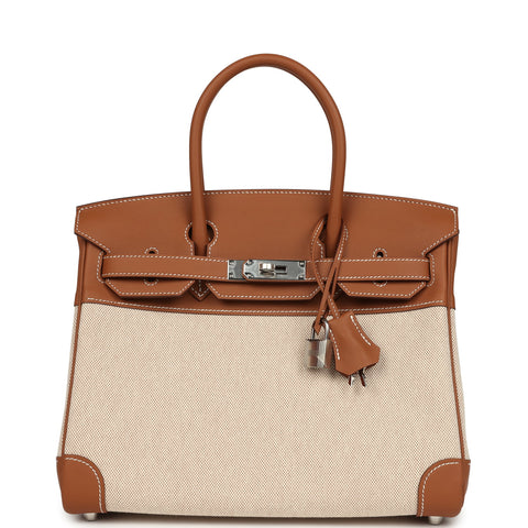 Hermes Birkin 30 Ecru Toile H Canvas and Gold Swift Palladium Hardware
