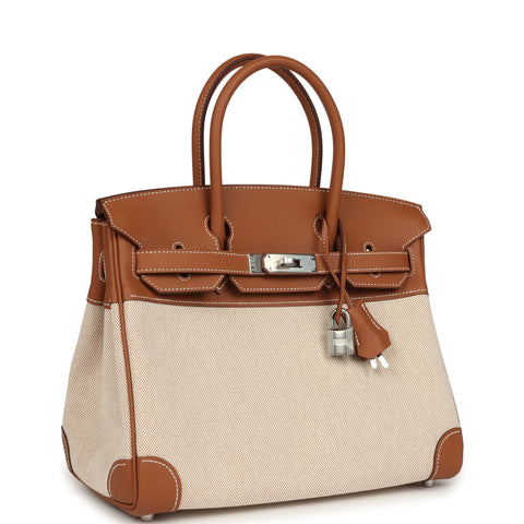 Hermes Birkin 30 Ecru Toile H Canvas and Gold Swift Palladium Hardware