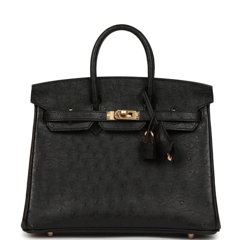 Hermes Birkin 25 Black Ostrich Rose Gold Hardware