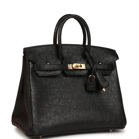 Hermes Birkin 25 Black Ostrich Rose Gold Hardware
