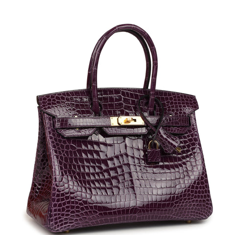 Hermes Birkin 30 Cassis Shiny Porosus Crocodile Gold Hardware