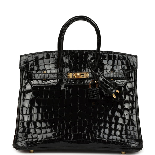 Hermes Birkin 25 Black Shiny Niloticus Crocodile Gold Hardware