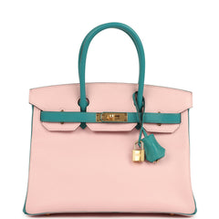 Pre-owned Hermes Special Order (HSS) Birkin 30 Rose Sakura and Bleu Paon Chevre Mysore Gold Hardware