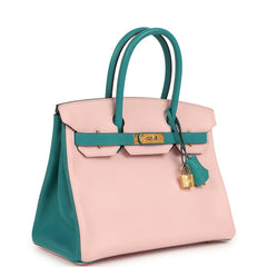 Pre-owned Hermes Special Order (HSS) Birkin 30 Rose Sakura and Bleu Paon Chevre Mysore Gold Hardware