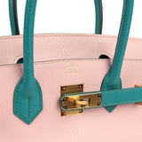 Pre-owned Hermes Special Order (HSS) Birkin 30 Rose Sakura and Bleu Paon Chevre Mysore Gold Hardware - Thumbnail View 7