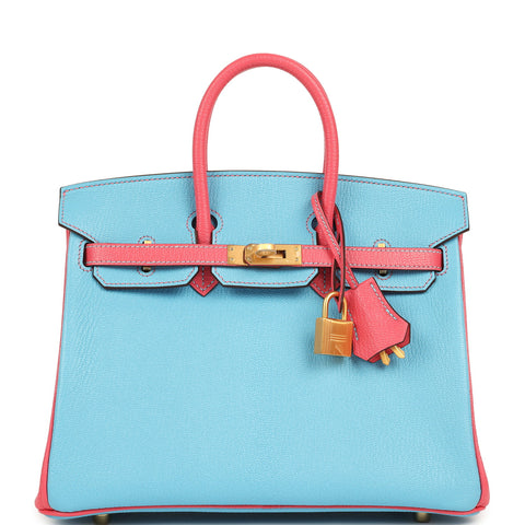 Hermes Special Order (HSS) Birkin 25 Celeste and Rose Lipstick Chevre Mysore Brushed Gold Hardware