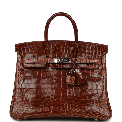 Pre-owned Hermes Birkin 25 Miel Shiny Niloticus Crocodile Palladium Hardware