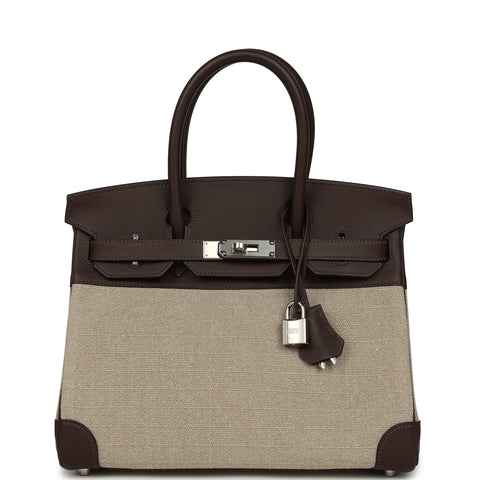Hermes Birkin 30 Bivouac Ficelle Canvas and Moka Swift Palladium Hardware