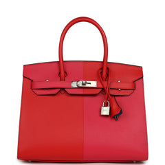 Pre-owned Hermes Casaque Birkin Sellier 30 Rouge De Coeur and Rose Extreme Epsom Palladium Hardware