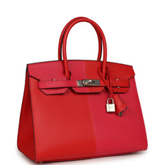 Pre-owned Hermes Casaque Birkin Sellier 30 Rouge De Coeur and Rose Extreme Epsom Palladium Hardware