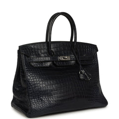 Pre-owned Hermes Birkin 35 Bleu Indigo Matte Porosus Crocodile Palladium Hardware