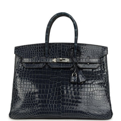 Pre-owned Hermes Birkin 35 Bleu Abysse Shiny Porosus Crocodile Palladium Hardware