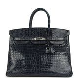 Pre-owned Hermes Birkin 35 Bleu Abysse Shiny Porosus Crocodile Palladium Hardware - Thumbnail View 1
