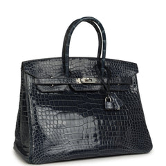 Pre-owned Hermes Birkin 35 Bleu Abysse Shiny Porosus Crocodile Palladium Hardware