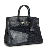 Pre-owned Hermes Birkin 35 Bleu Abysse Shiny Porosus Crocodile Palladium Hardware - Thumbnail View 2