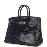 Pre-owned Hermes Birkin 35 Bleu Abysse Shiny Porosus Crocodile Palladium Hardware - Thumbnail View 5