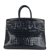 Pre-owned Hermes Birkin 35 Bleu Abysse Shiny Porosus Crocodile Palladium Hardware - Thumbnail View 4