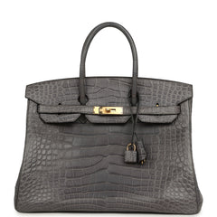 Pre-owned Hermes Birkin 35 Gris Paris Matte Alligator Gold Hardware
