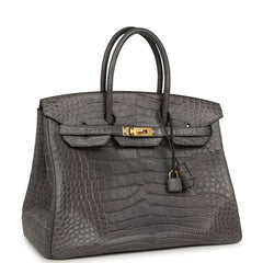 Pre-owned Hermes Birkin 35 Gris Paris Matte Alligator Gold Hardware
