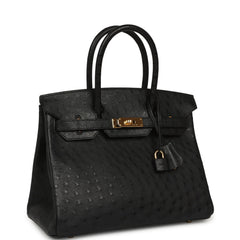Pre-owned Hermes Birkin 30 Black Ostrich Gold Hardware