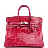 Hermes Birkin 25 Rose Mexico Shiny Porosus Crocodile Palladium Hardware - Thumbnail View 1