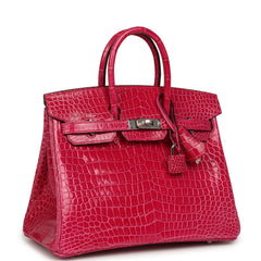 Hermes Birkin 25 Rose Mexico Shiny Porosus Crocodile Palladium Hardware