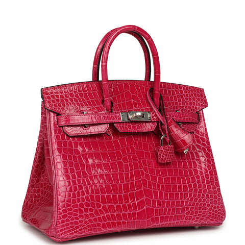 Hermes Birkin 25 Rose Mexico Shiny Porosus Crocodile Palladium Hardware