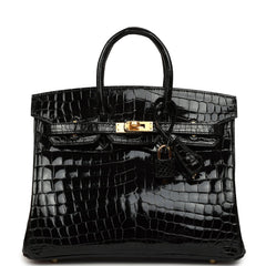 Hermes Birkin 25 Black Shiny Niloticus Crocodile Gold Hardware