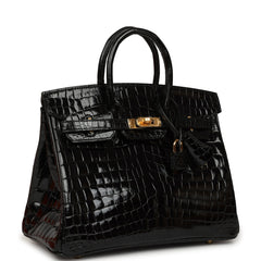 Hermes Birkin 25 Black Shiny Niloticus Crocodile Gold Hardware