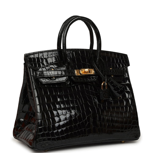 Hermes Birkin 25 Black Shiny Niloticus Crocodile Gold Hardware