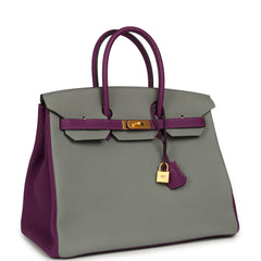 Pre-owned Hermes Special Order (HSS) Birkin 35 Gris Mouette and Anemone Togo Brushed Gold Hardware
