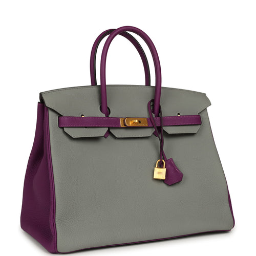 Pre-owned Hermes Special Order (HSS) Birkin 35 Gris Mouette and Anemone Togo Brushed Gold Hardware