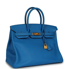 Pre-owned Hermes Special Order (HSS) Birkin 35 Bleu Hydra Verso Swift Brushed Gold Hardware