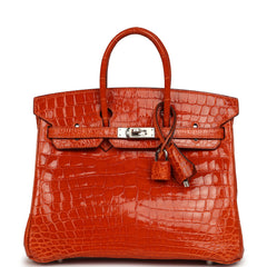 Vintage Hermes Birkin 25 Orange Shiny Niloticus Crocodile Palladium Hardware