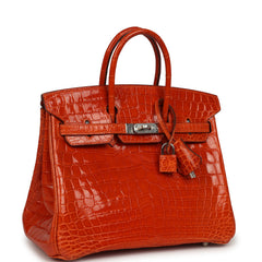 Vintage Hermes Birkin 25 Orange Shiny Niloticus Crocodile Palladium Hardware