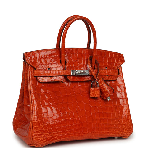 Vintage Hermes Birkin 25 Orange Shiny Niloticus Crocodile Palladium Hardware