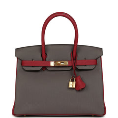 Hermes Special Order (HSS) Birkin 30 Etain and Rouge Grenat Togo Gold Hardware