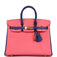 Pre-owned Hermes Special Order (HSS) Birkin 25 Rose Azalee and Bleu Electric Epsom Gold Hardware