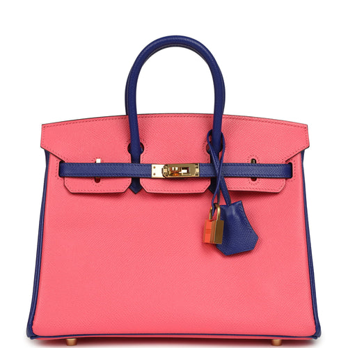 Pre-owned Hermes Special Order (HSS) Birkin 25 Rose Azalee, Bleu Electric Epsom Gold Hardware