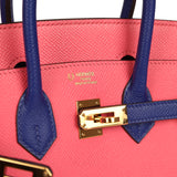 Pre-owned Hermes Special Order (HSS) Birkin 25 Rose Azalee and Bleu Electric Epsom Gold Hardware - Thumbnail View 7
