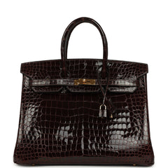 Vintage Hermes Birkin 35 Havane Shiny Porosus Crocodile Gold Hardware