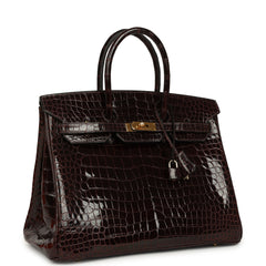 Vintage Hermes Birkin 35 Havane Shiny Porosus Crocodile Gold Hardware