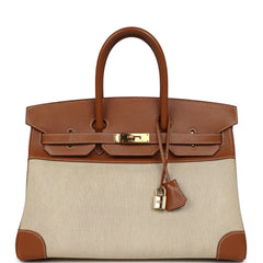Vintage Hermes Birkin 35 Gold Courchevel and Gold-Ecru Toile H Canvas Gold Hardware