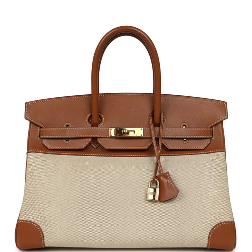Vintage Hermes Birkin 35 Gold Courchevel and Gold-Ecru Toile H Canvas Gold Hardware